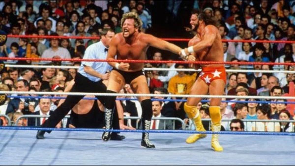 Randy Savage twisting Ted DiBiase's arm at WWE WrestleMania IV