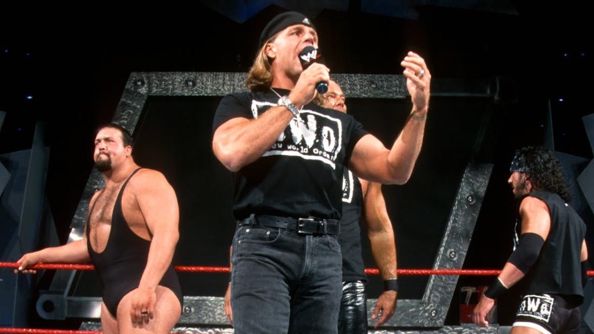 Shawn Michaels in the nWo cutting a promo alongside The Big Show and others on WWE Raw