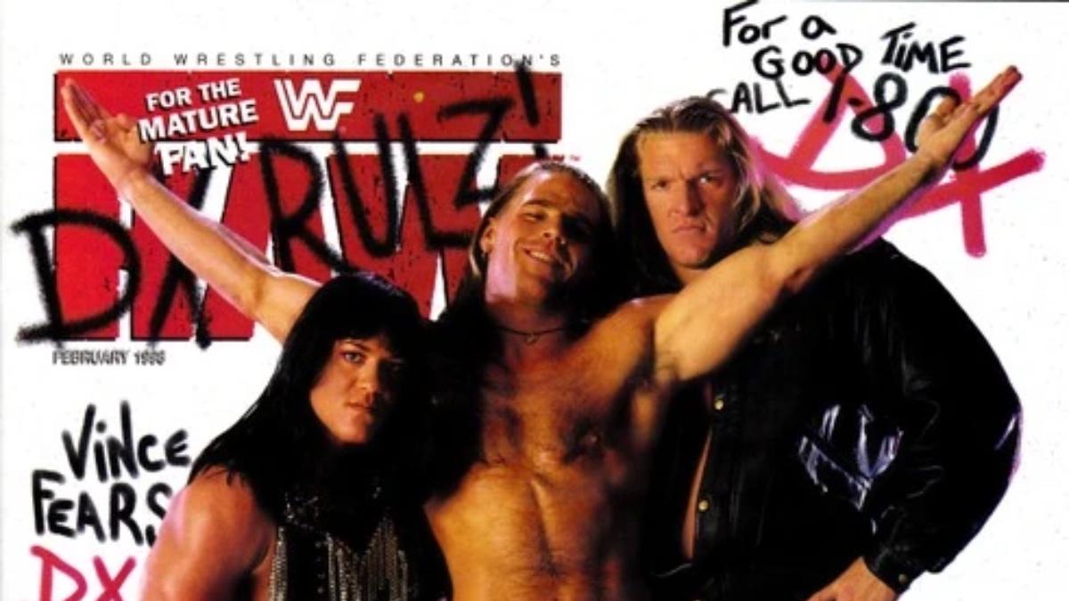 Chyna, a topless Shawn Michaels, and Triple H on the cover of WWF Magazine for February 1998